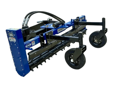 The image is a blue and black Power Rake - Commercial.